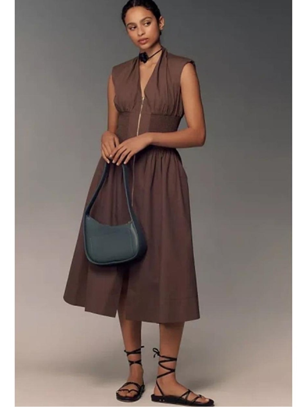 New JOIE Sleeveless Brown V-Neck Midi Dress with Front Zip Size S NWT